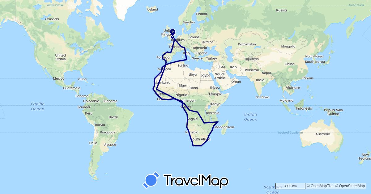 TravelMap itinerary: driving in Angola, Democratic Republic of the Congo, Switzerland, Côte d'Ivoire, Spain, France, Gabon, United Kingdom, Guinea, Equatorial Guinea, Italy, Liberia, Morocco, Mauritania, Mozambique, Namibia, Portugal, Senegal, Togo, South Africa, Zambia (Africa, Europe)